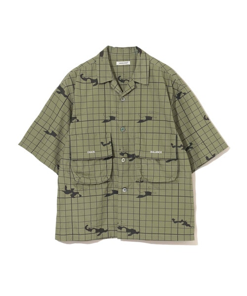 Camo総柄Coﾌﾞﾛｰﾄﾞ袋PK半袖開襟ｼｬﾂ